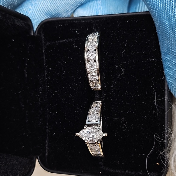 Ladies marquee and round brilliant diamond wedding set in 14kt white gold - Picture 3 of 8